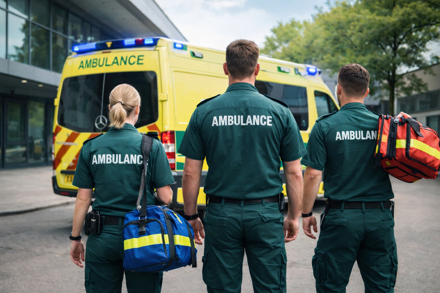 UK paramedics facing an ambulance with AMBULANCE on their backs