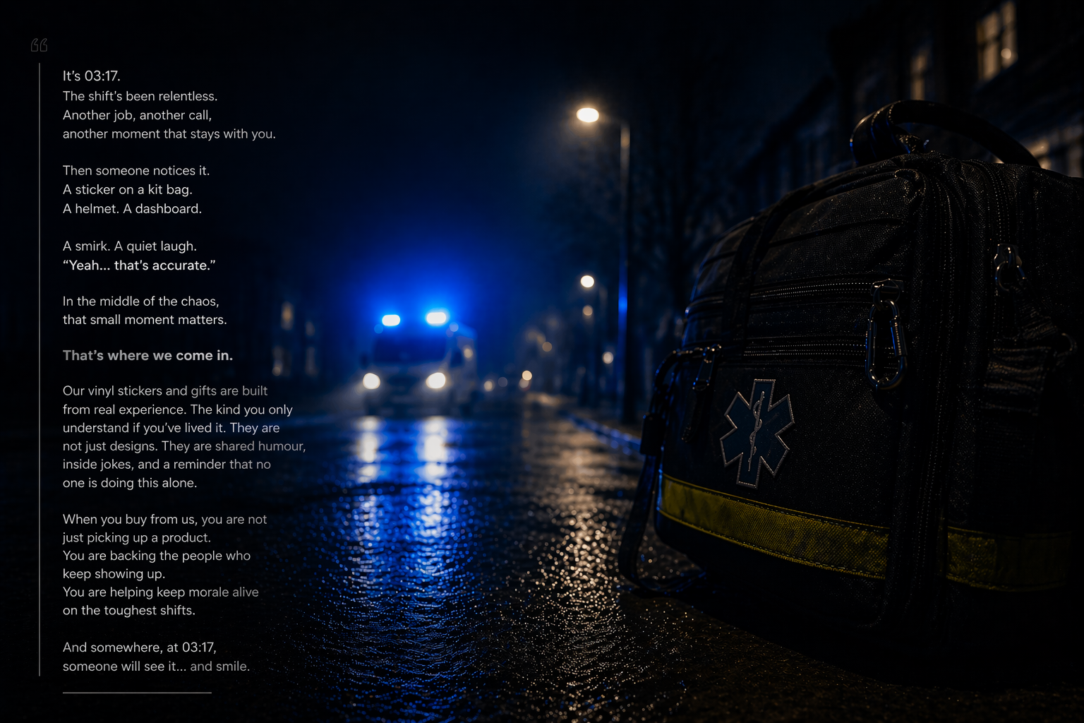 Paramind Medical: night-time emergency scene with ambulance blue lights, Star of Life kit bag, and the full brand story in text. Designed for ambulance and emergency services crews in the UK.