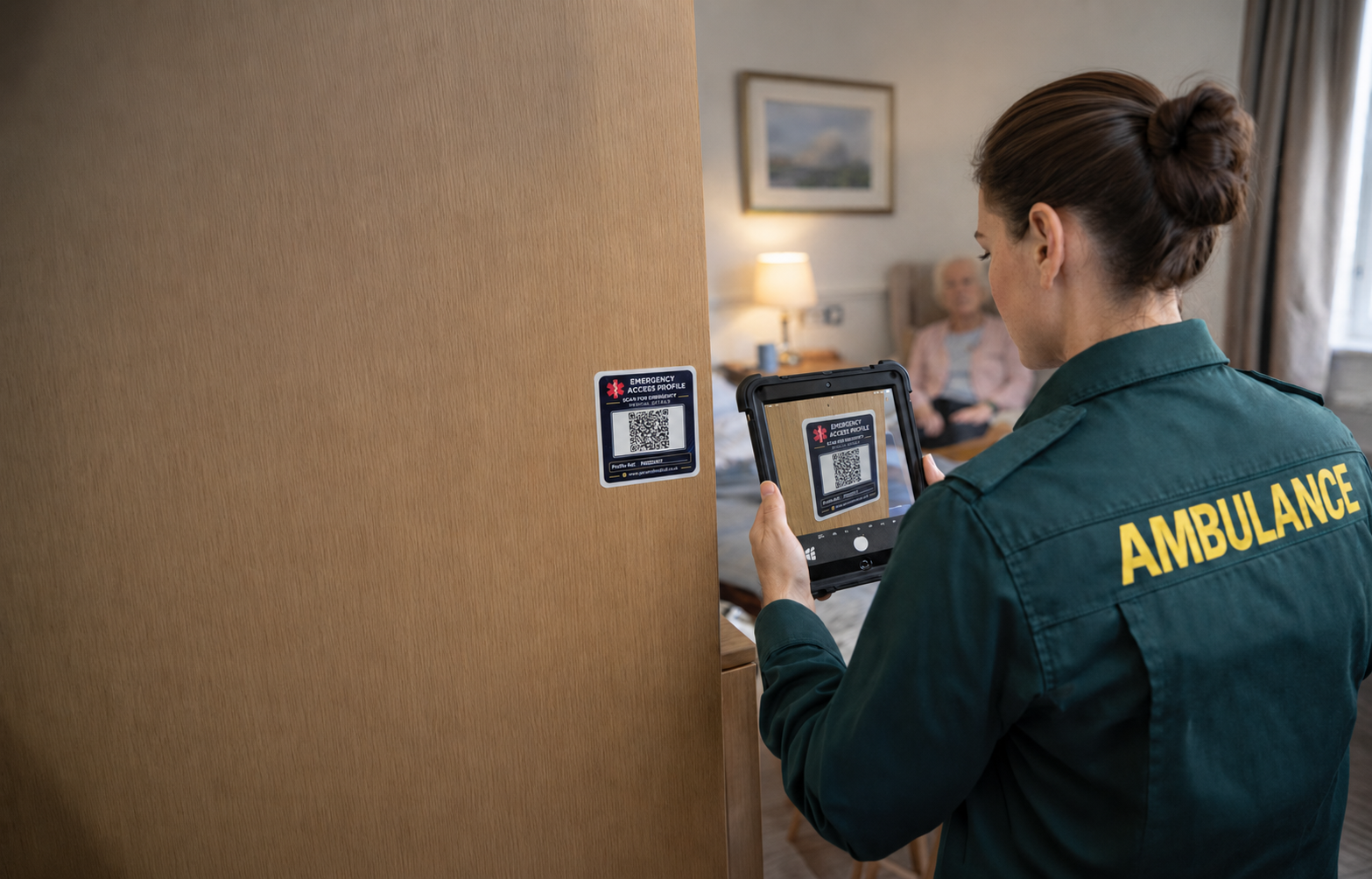 UK ambulance paramedic scanning a Paramind Medical Lifeline emergency information QR sticker placed on a key safe to access a vulnerable adult's emergency medical profile